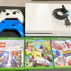 Xbox One S 500GB Console with White and Blue Controllers and Games